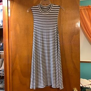 Sleeveless grey & white stripped mid length dress
